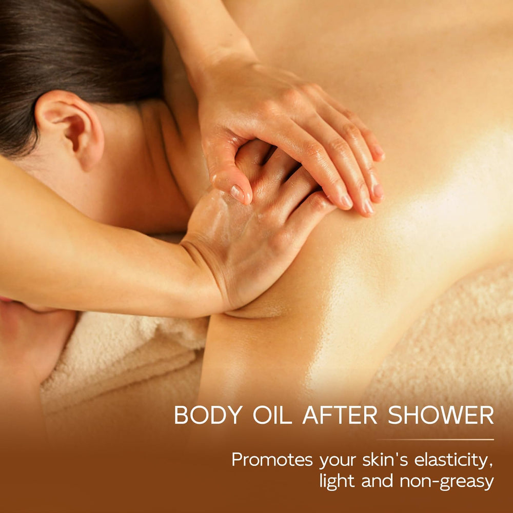 Dumie oil nourishes and hydrates arms, hips, and legs after showers.