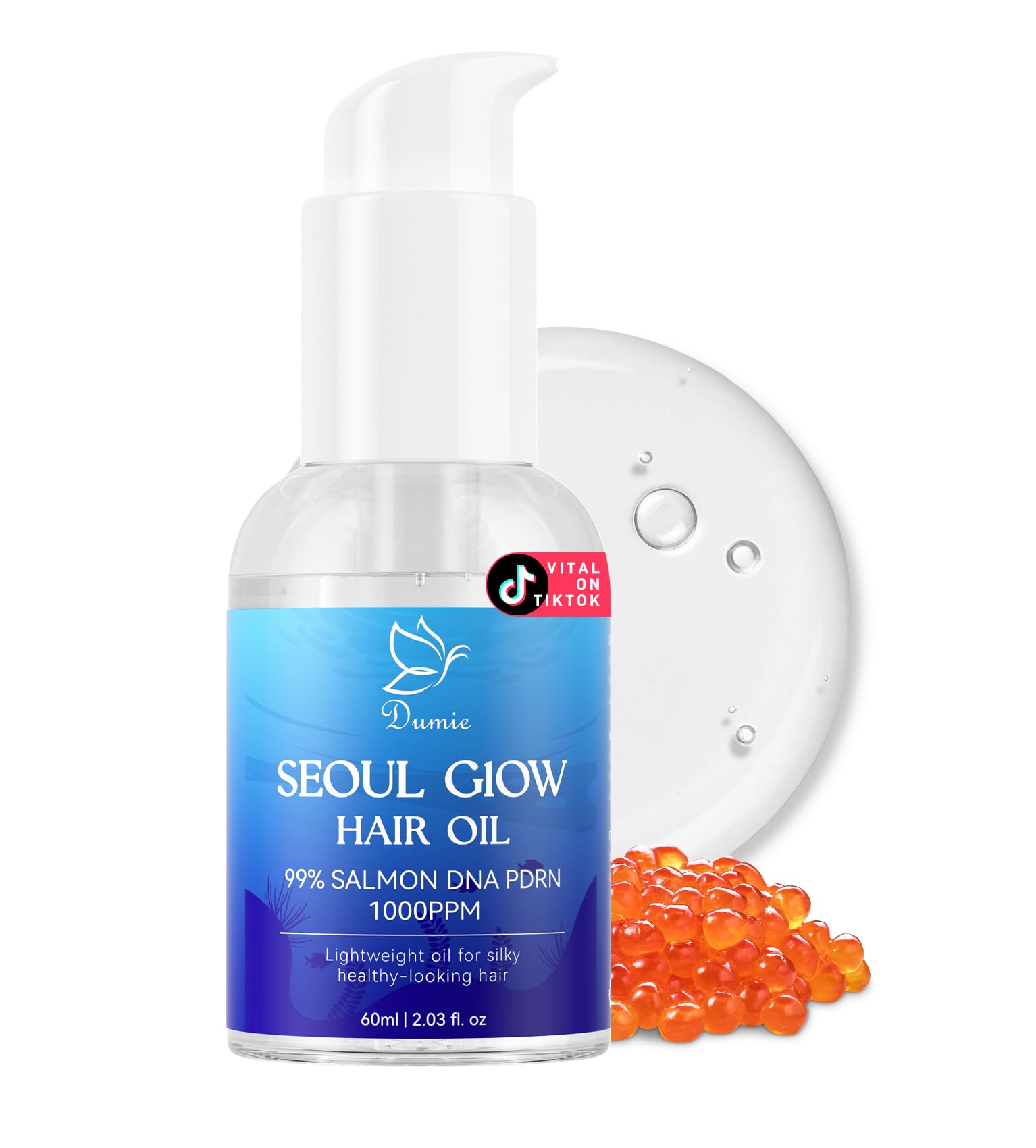 Dumie Salmon DNA PDRN Hair Oil bottle pour for quick distribution and shine