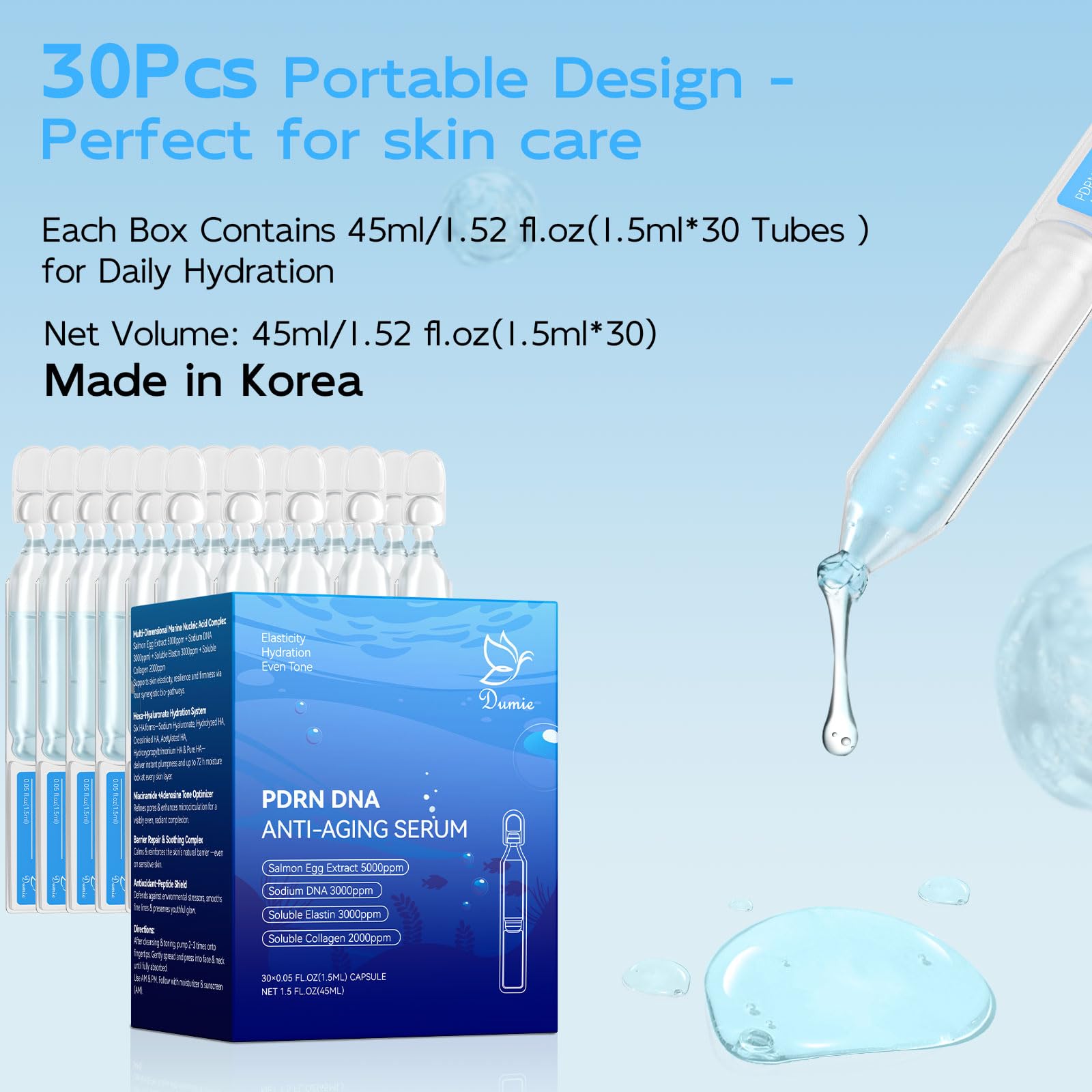 Dumie Salmon DNA PDRN serum packaging on shelf showcasing air-tight tubes for freshness