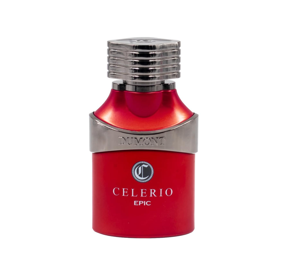 Dumont Celerio Epic front bottle shows modern unisex design for daily wear.