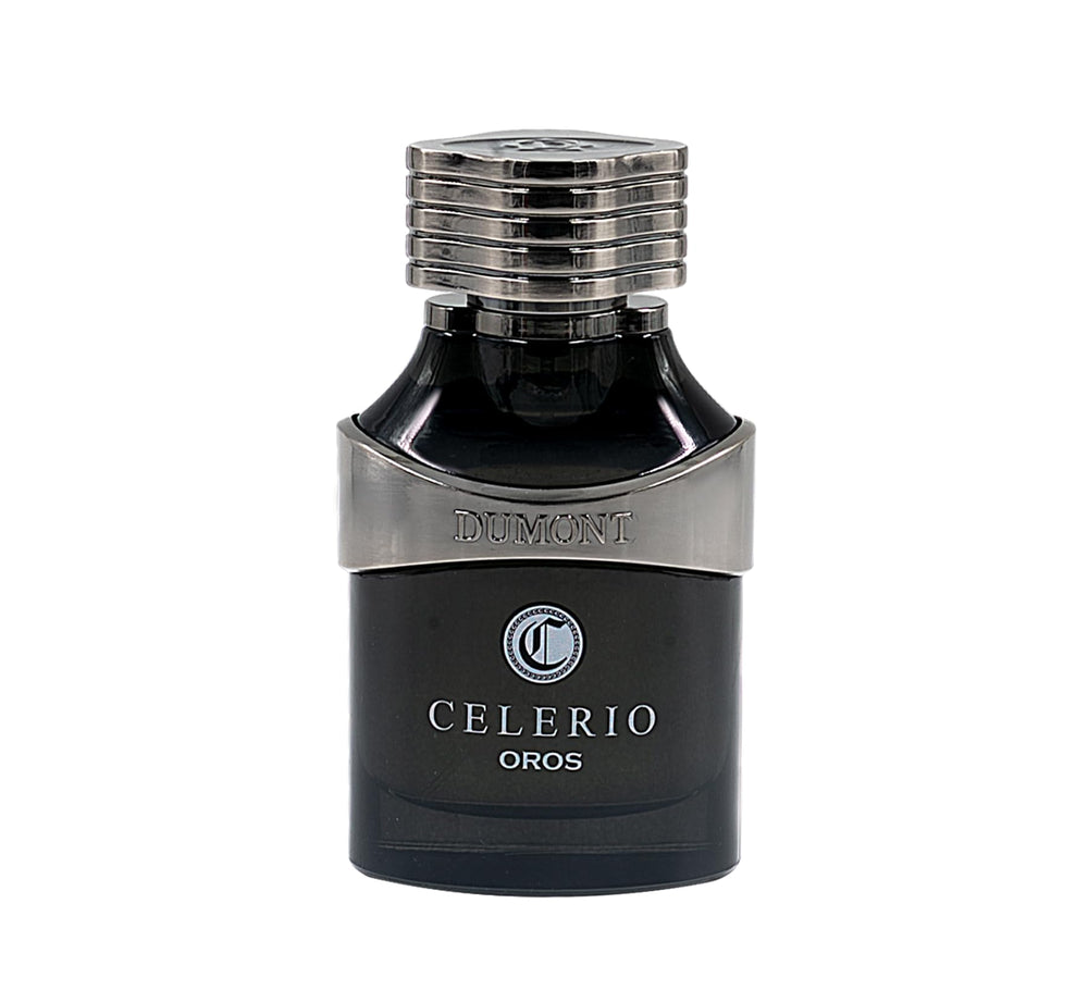 Dumont Celerio Oros label closeup highlighting luxury branding and long-lasting scent