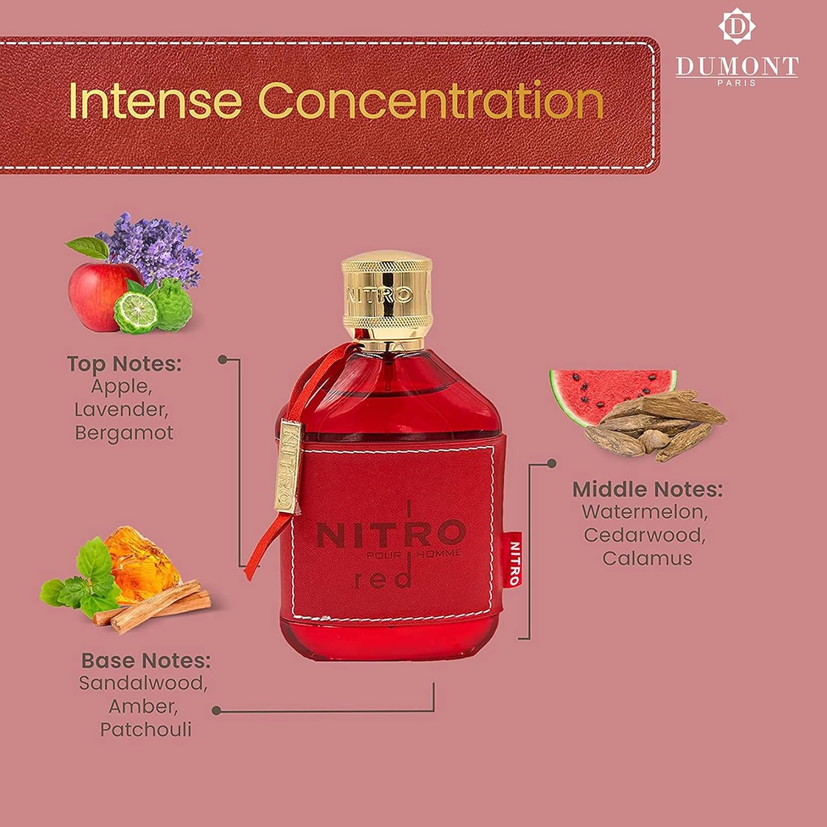 Dumont Nitro Red bottle close-up emphasizing premium red bottle finish