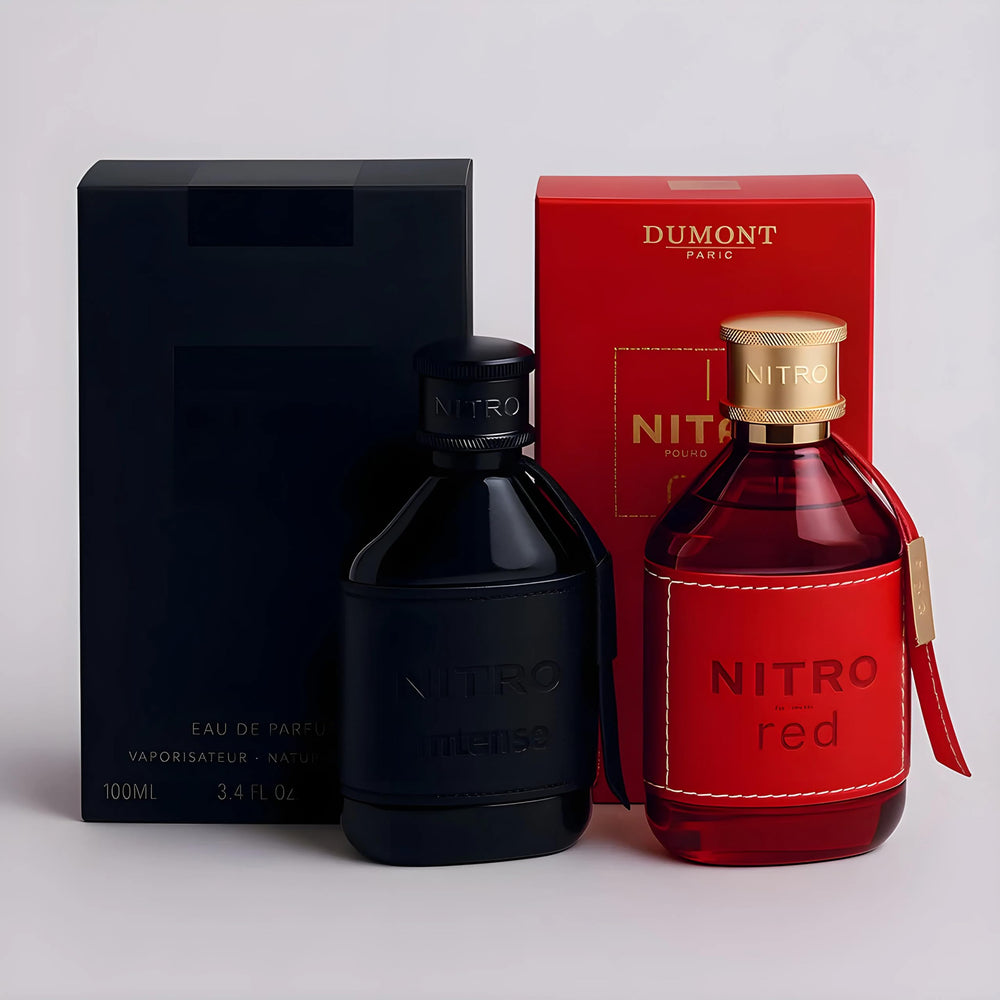 Dumont Nitro Red crimson bottle captures vibrant energy for confident evening occasions.
