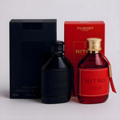 Dumont Nitro Red crimson bottle captures vibrant energy for confident evening occasions.