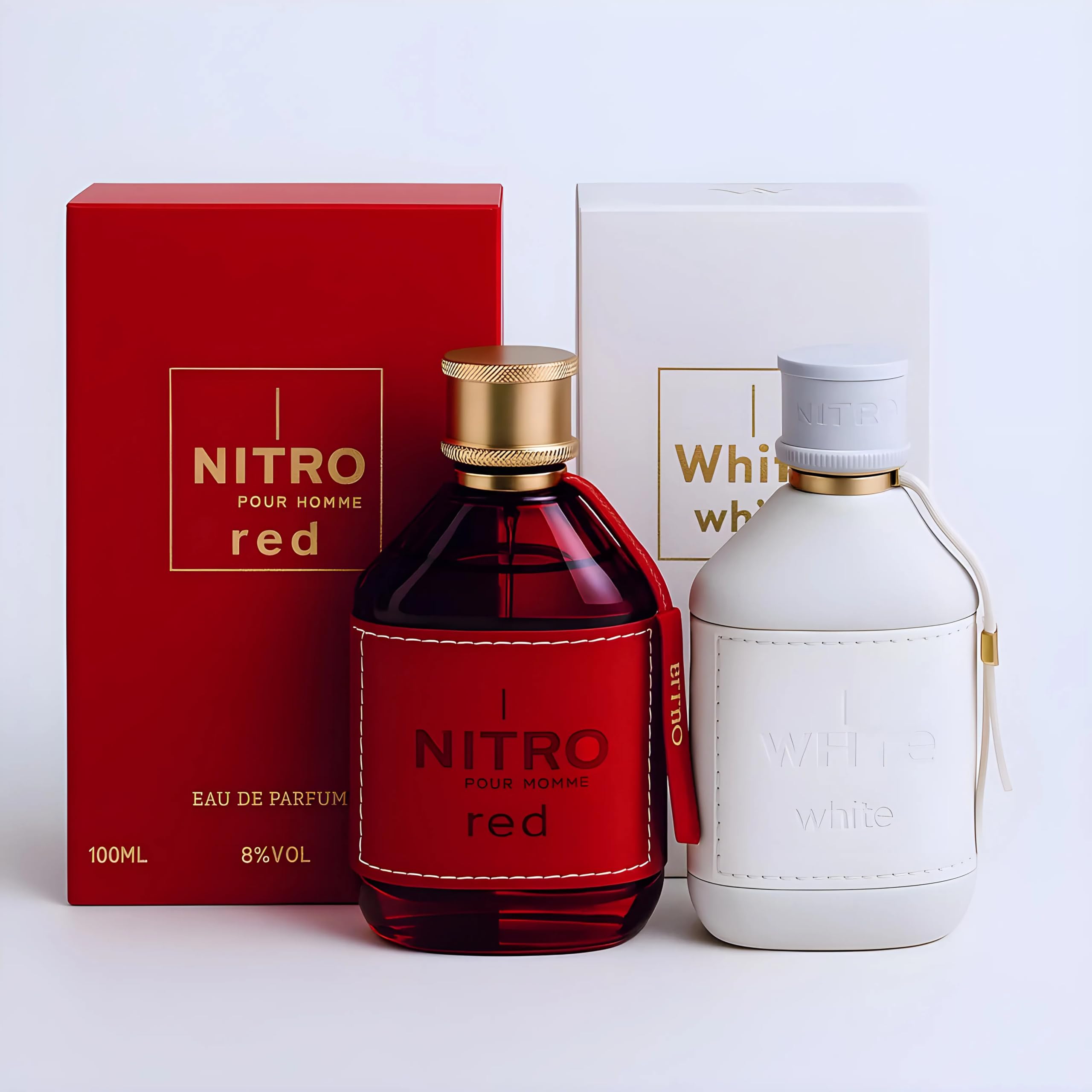 Dumont Nitro Red bottle with leather-wrapped glass and premium cap for a bold premium feel.