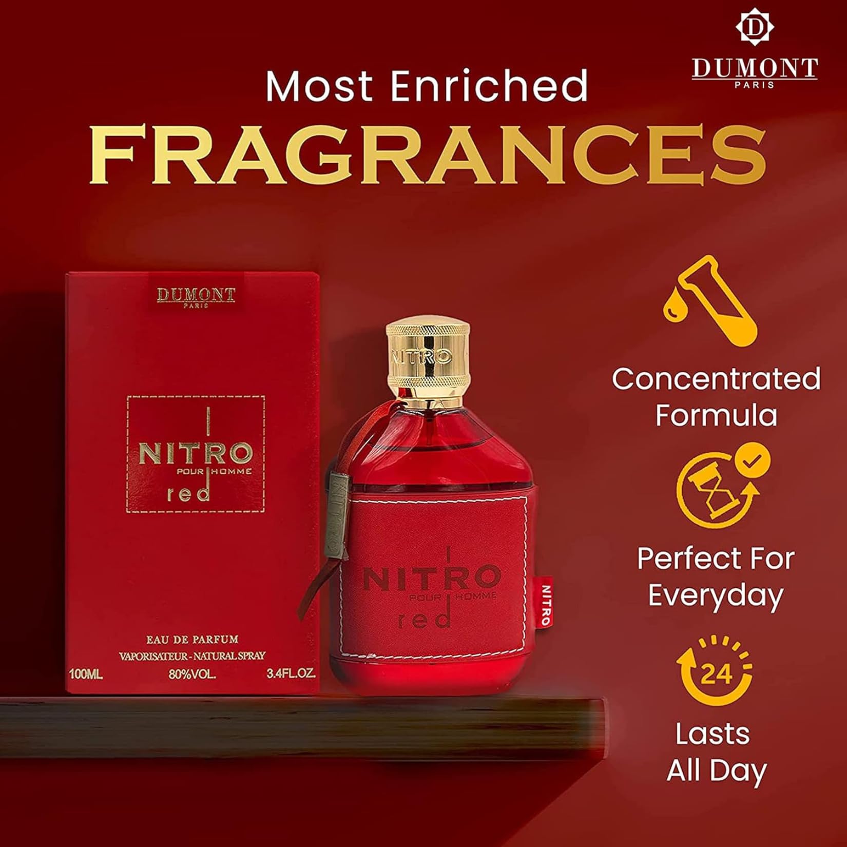 Dumont Nitro Red top notes image with apple and bergamot for a fresh opening