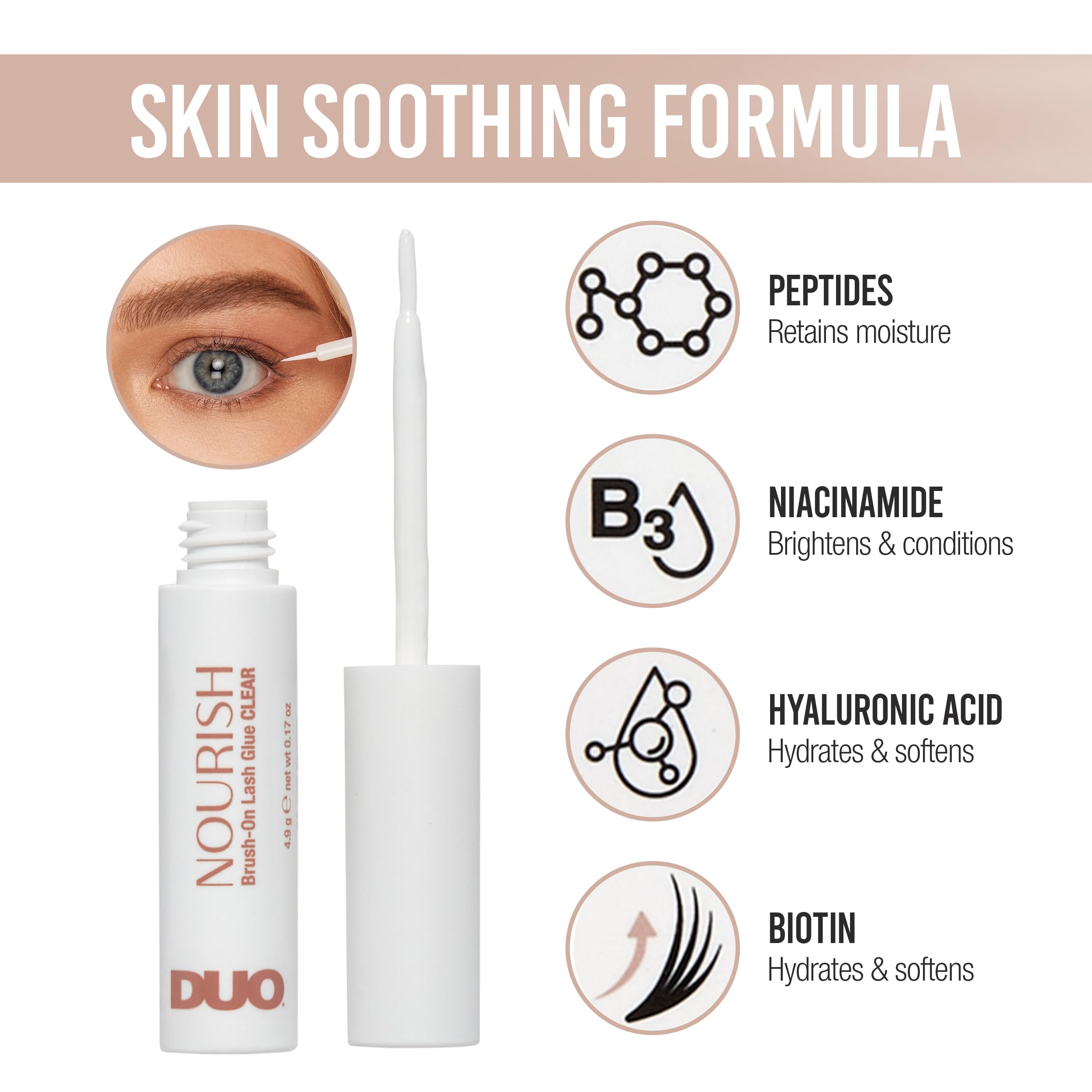 DUO Nourish clear lash glue packaging highlights product details