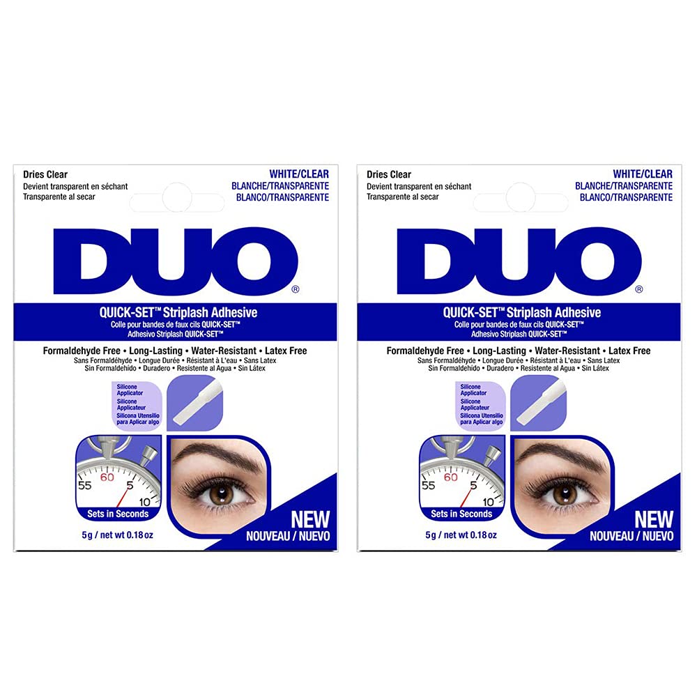 DUO Quick-Set lash glue bottle closeup shows fast-drying, latex-free formula.