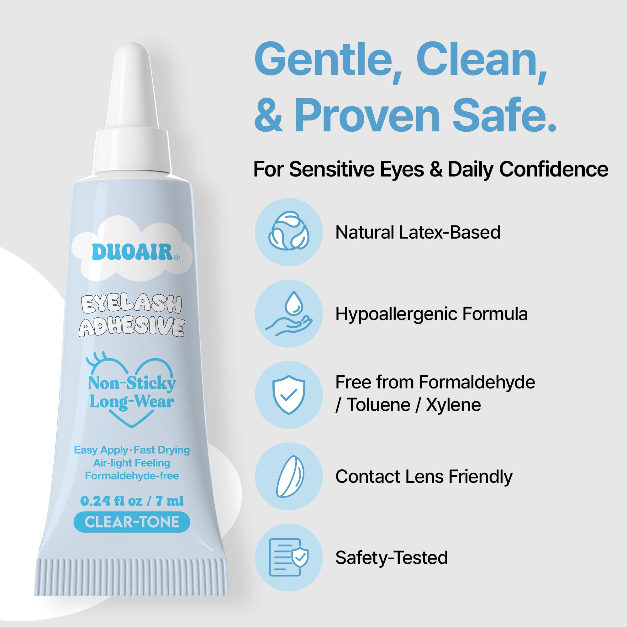 DUOAIR Eyelash Adhesive brown-tone swatch showing natural to defined looks.