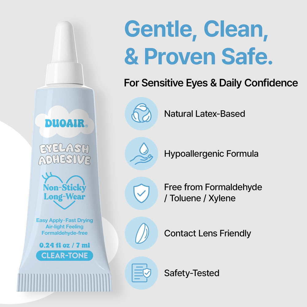 DUOAIR Eyelash Adhesive brown-tone swatch showing natural to defined looks.
