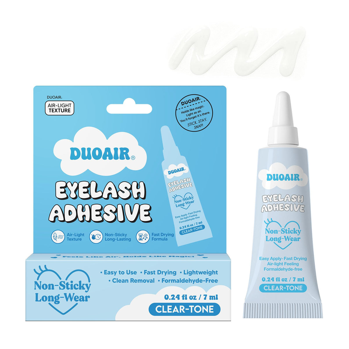 DUOAIR Eyelash Adhesive clear bottle for fast-drying, strong hold on natural lashes.