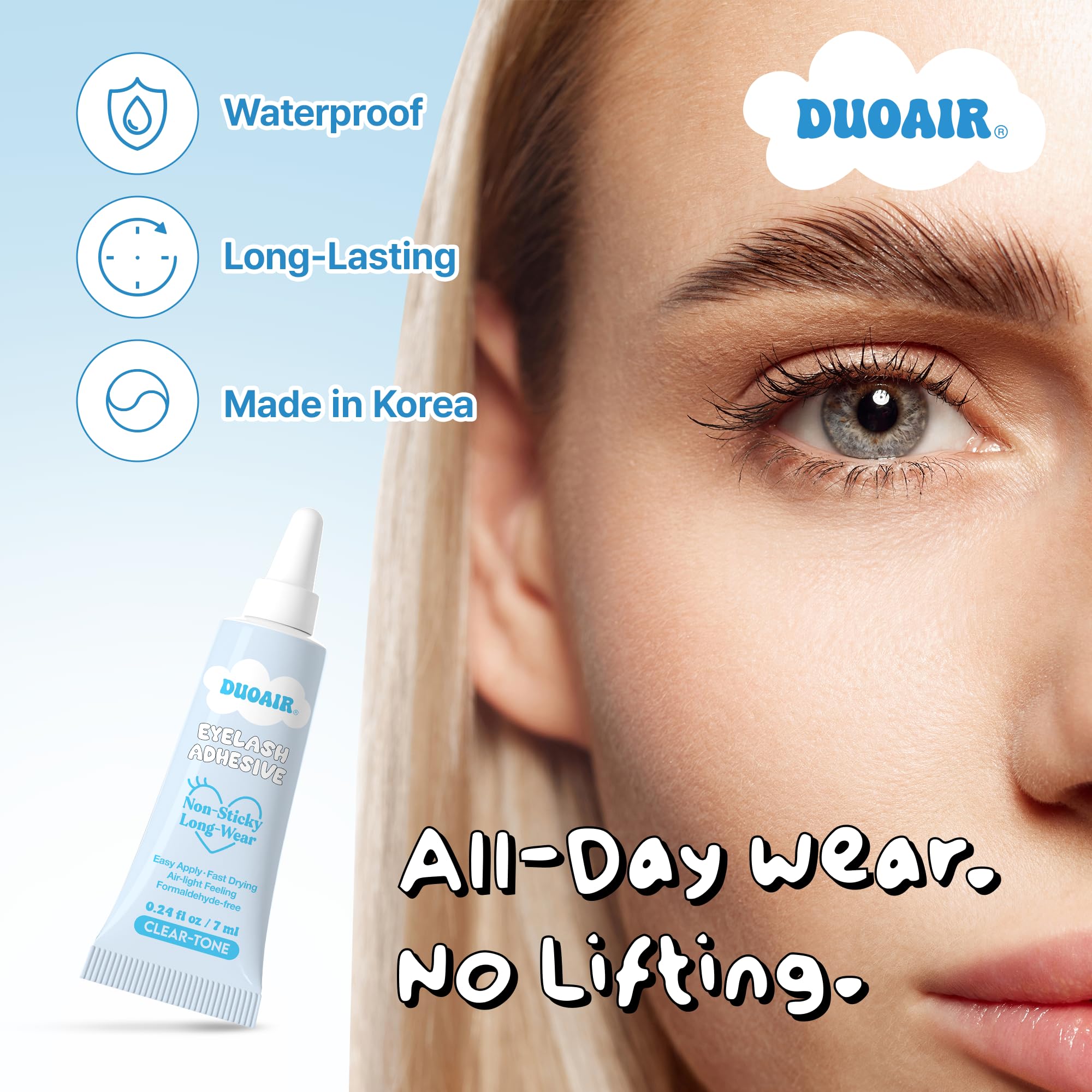 DUOAIR Eyelash Adhesive precision nozzle enables precise lash line placement.
