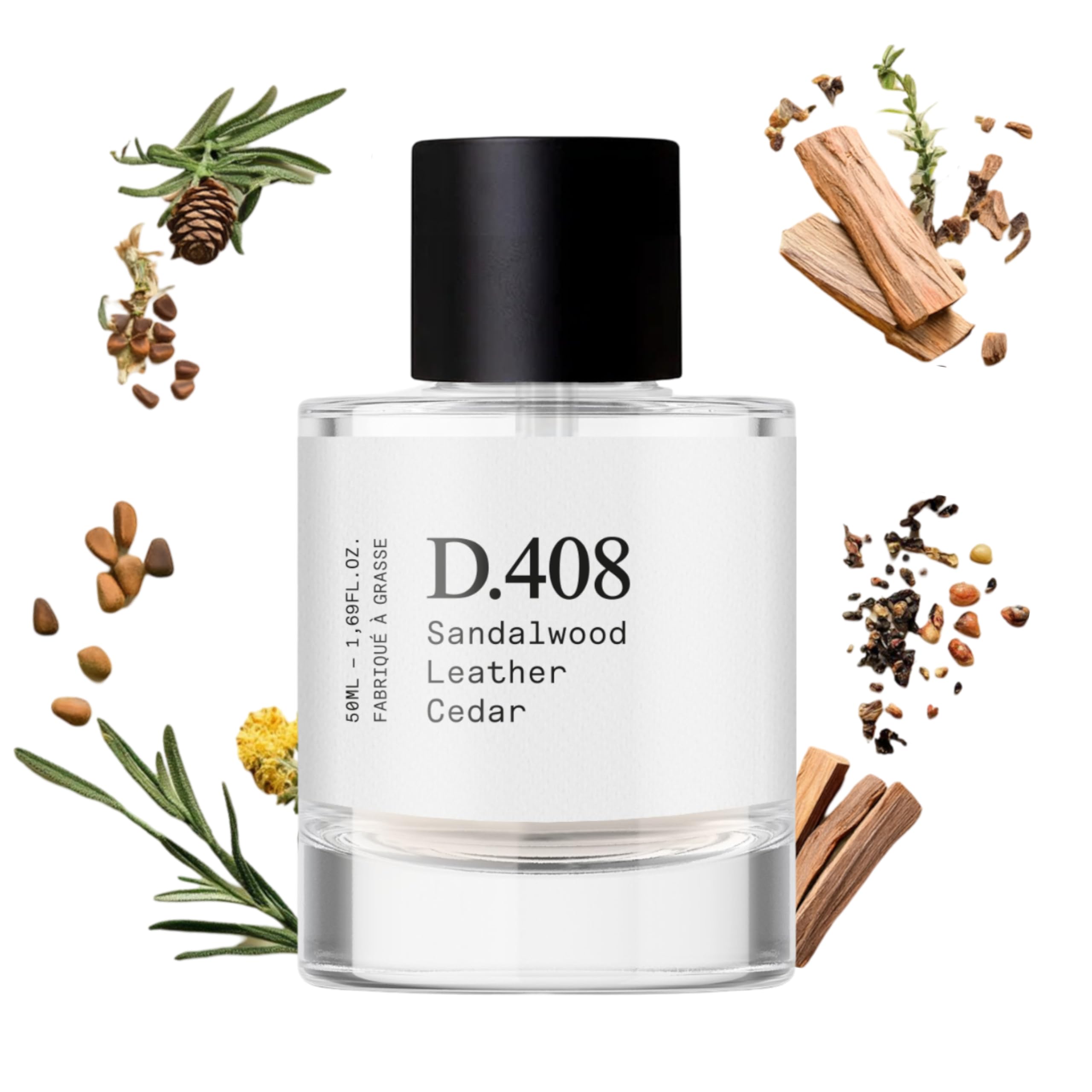 Dupe. Paris D.408 bottle displays Santal 33-inspired fragrance for all-day refinement.