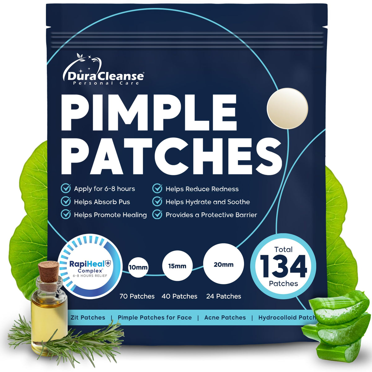 Dura Cleanse Pimple Patches packaging shows 134-count box for quick breakout relief.