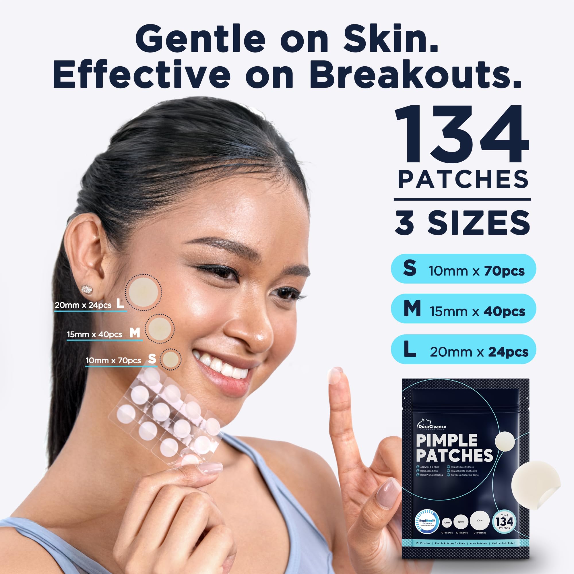 Dura Cleanse patches come in S, M, and L to fit blemishes.