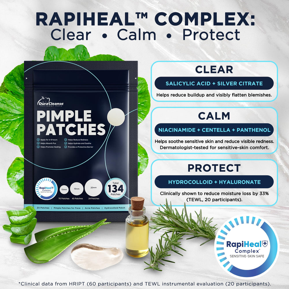 Dura Cleanse patches used overnight for a calmer, clearer look.