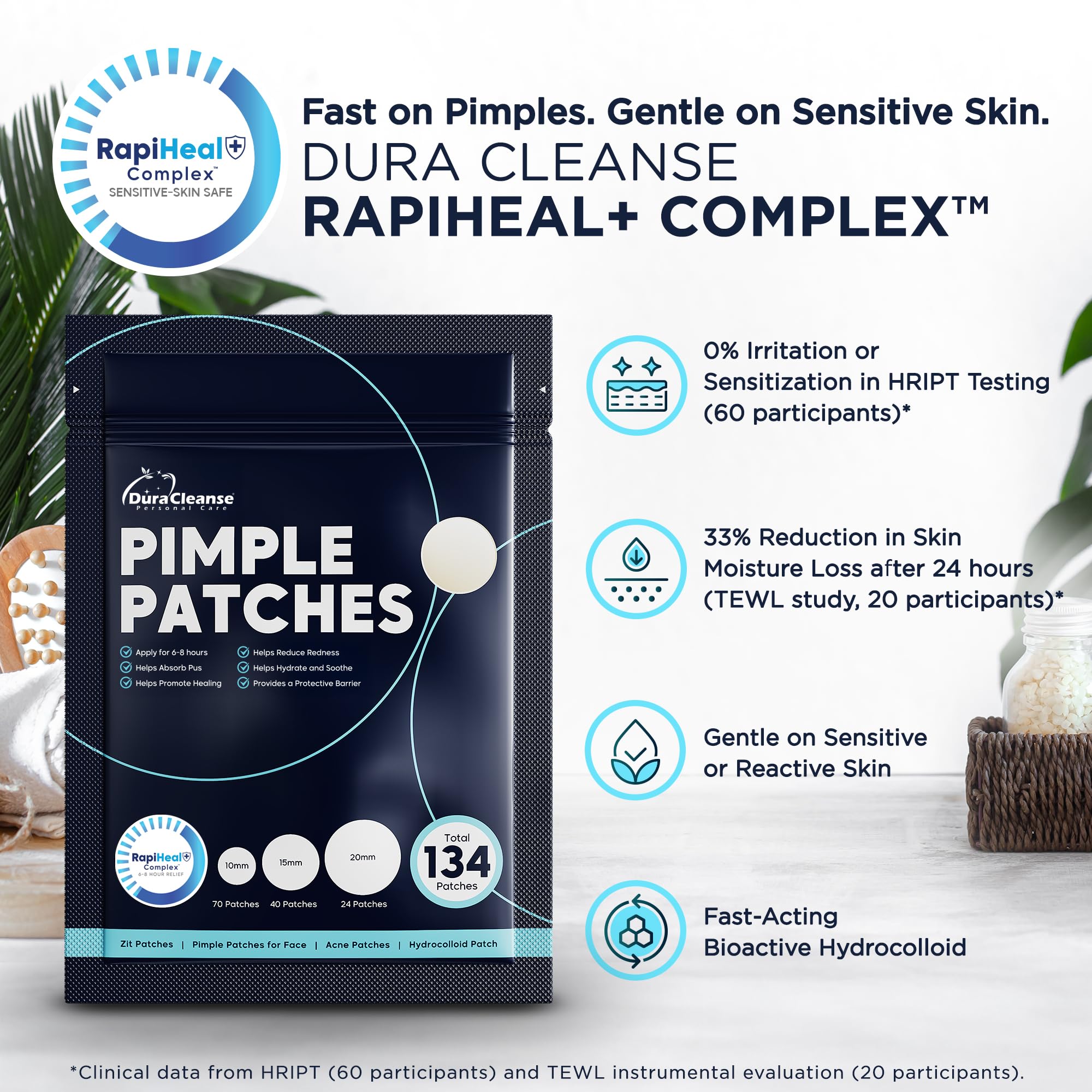 Dura Cleanse Pimple Patches applied on the face for discreet coverage.