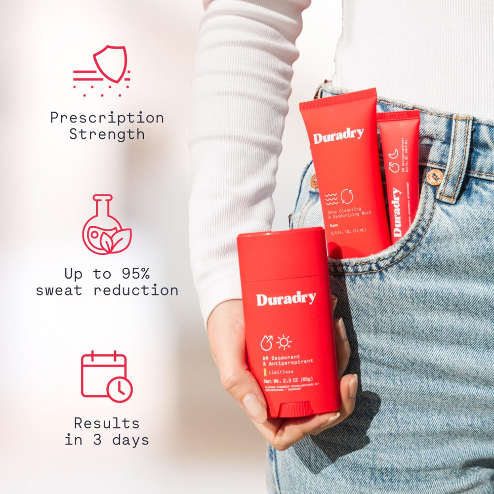 Duradry 3-Step Sweat Minimizing Gel applied at night for next-day dryness.