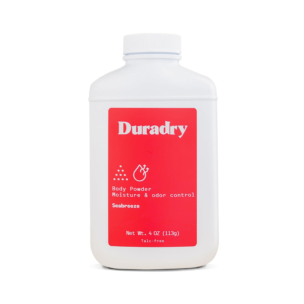 Duradry all-natural body powder Seabreeze bottle delivers long-lasting odor protection.