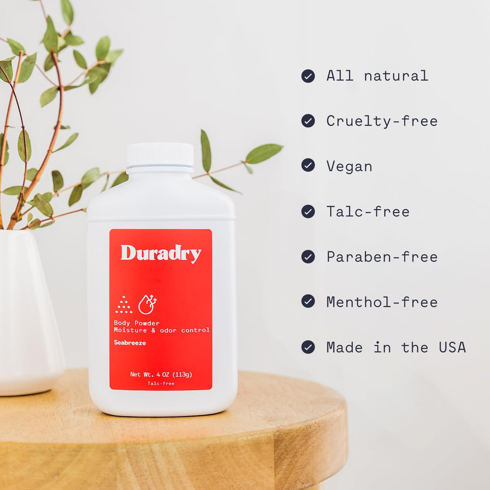 Duradry anti-chafing powder provides smooth skin and reduced friction.