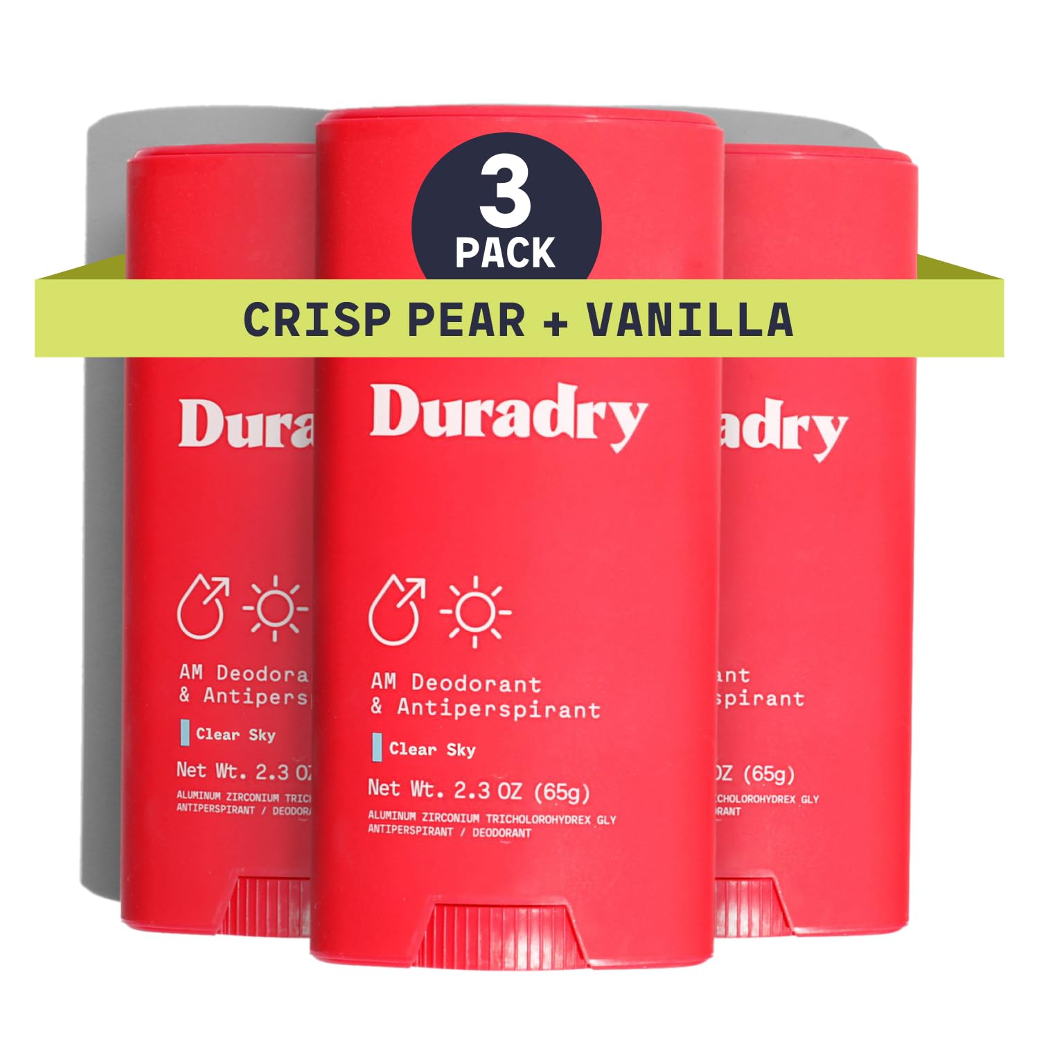 Duradry Clear Sky deodorant bottle label shows crisp pear and vanilla notes for long-lasting freshness.