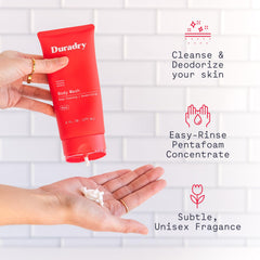 Duradry body wash with green tea extract indicating natural cleansing properties