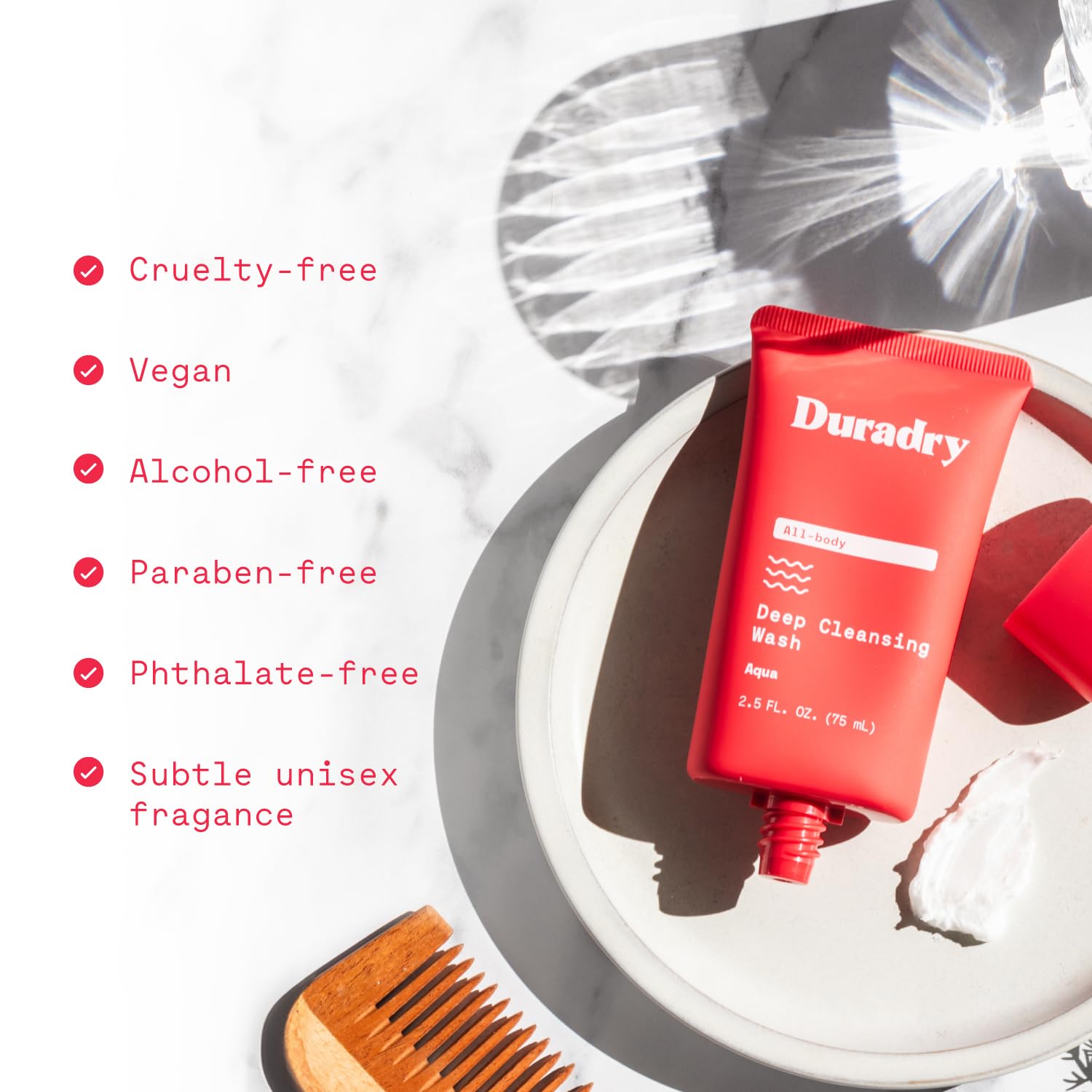 Duradry natural ingredients highlight avocado oil and green tea for gentle cleansing.