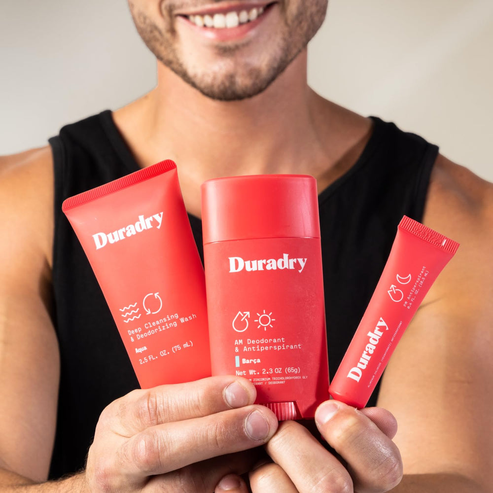 Duradry morning application underarm scene emphasizing daytime odor protection.