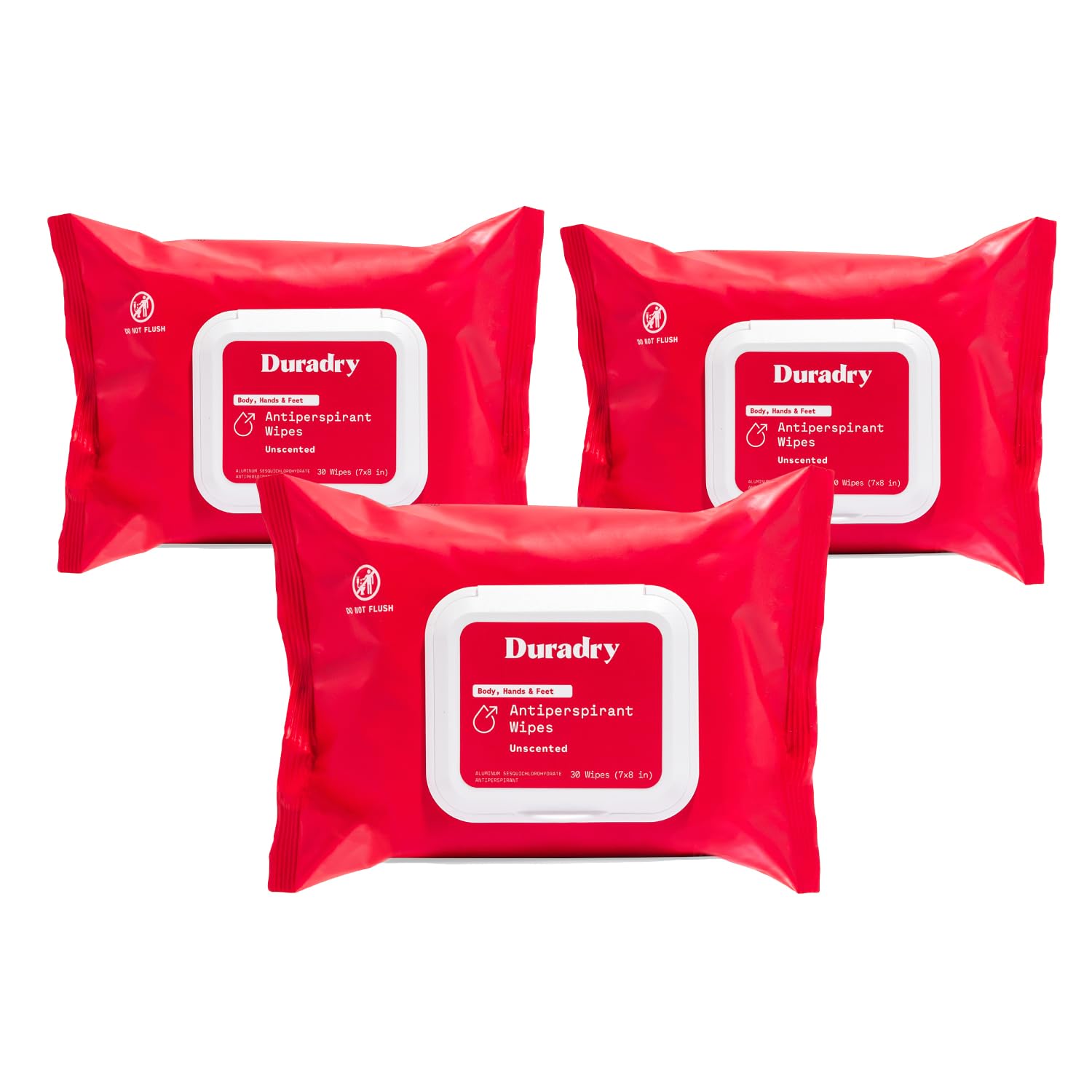 Duradry Whole Body Antiperspirant Wipes pack shown for on-the-go moisture control.
