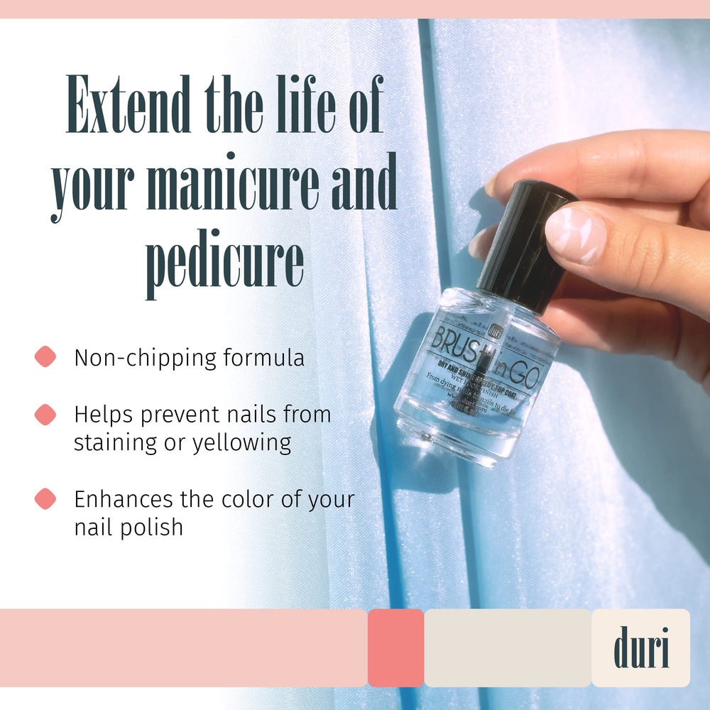 Duri fast-drying top coat applies evenly for a salon-like gloss.