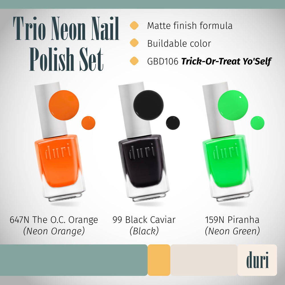 Duri neon nail polish bottle close-up highlights quick-dry formula.