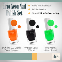 Duri neon nail polish bottle close-up highlights quick-dry formula.