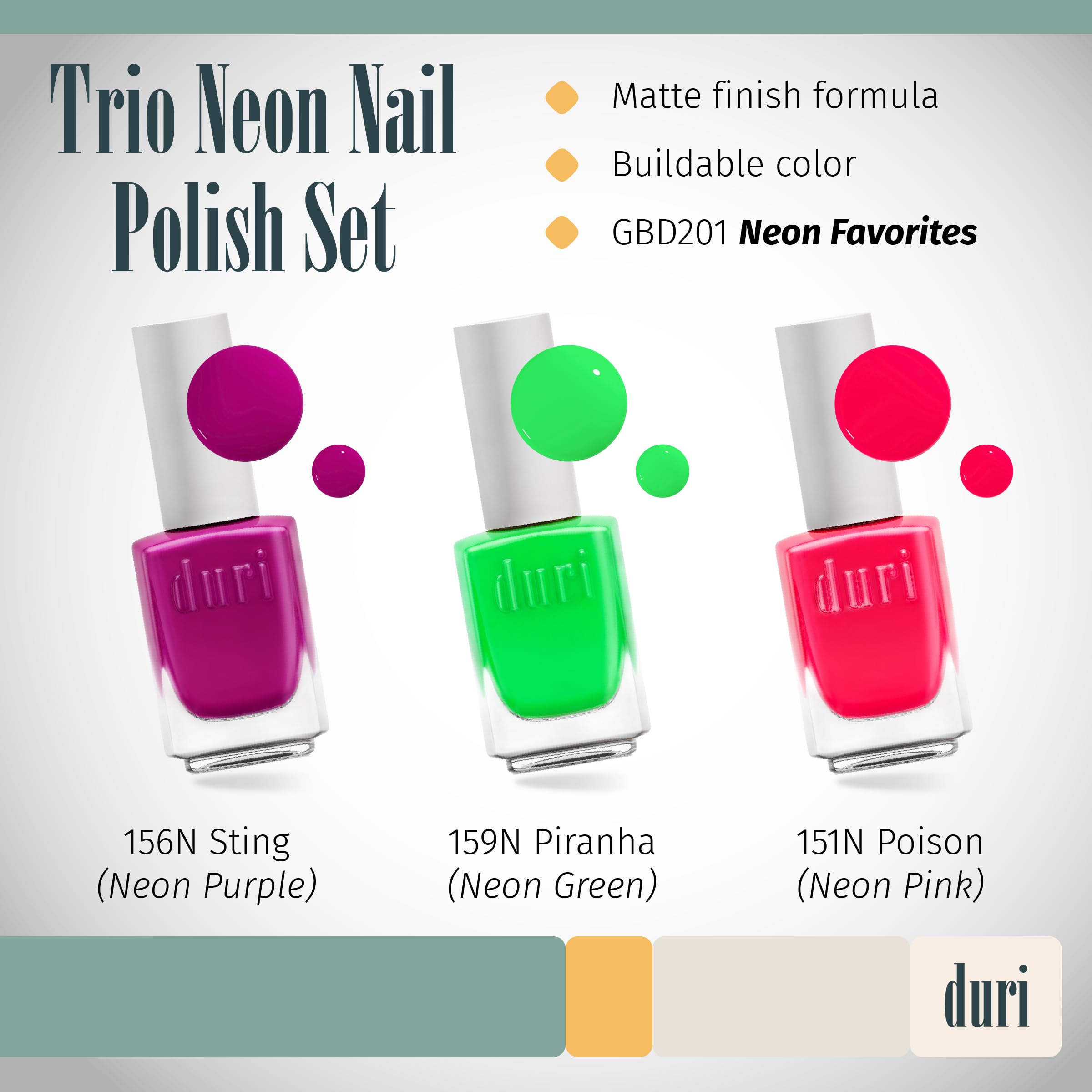 Duri Trio Neon packaging highlights vegan, cruelty-free polish made in the USA.