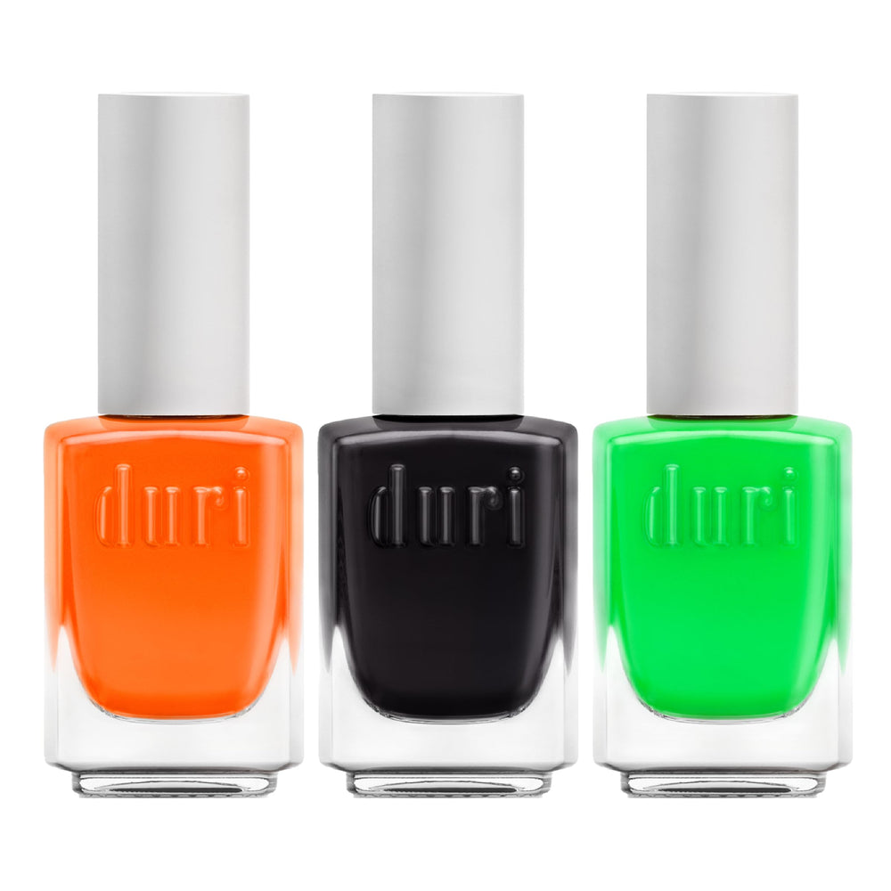 Duri Trio Neon Nail Polish Set Trick-Or-Treat swatches in a bold matte finish for eye-catching nails.