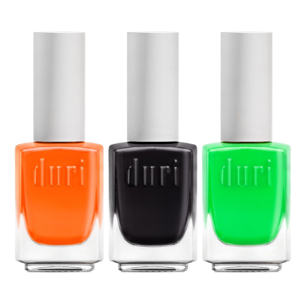 Duri Trio Neon Nail Polish Set Trick-Or-Treat swatches in a bold matte finish for eye-catching nails.