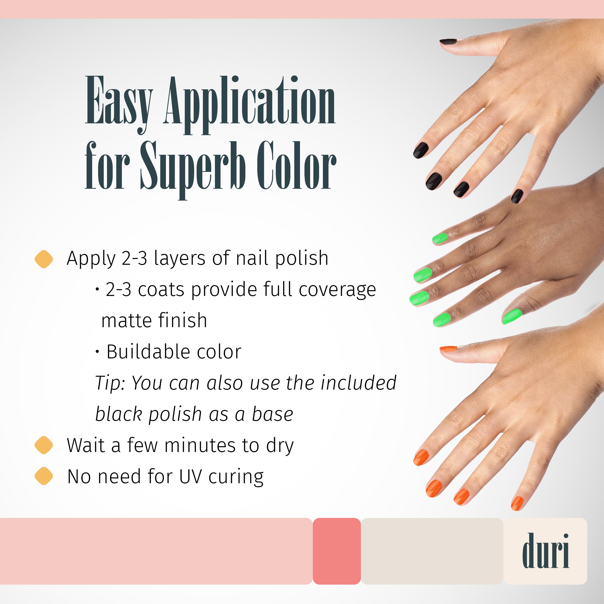 Duri Trio neon shades on nails show vibrant color payoff.