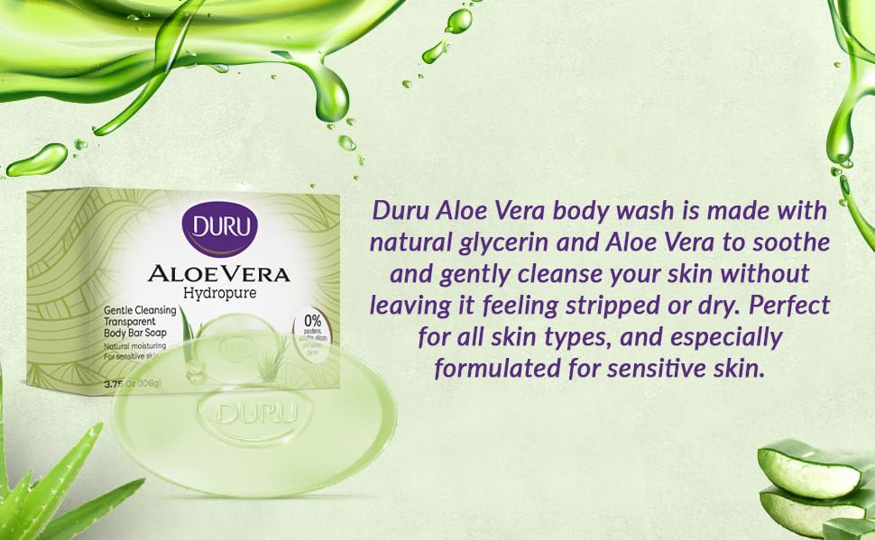 Duru Aloe Vera Glycerin Bar Soap ingredients include aloe and glycerin for gentle care.