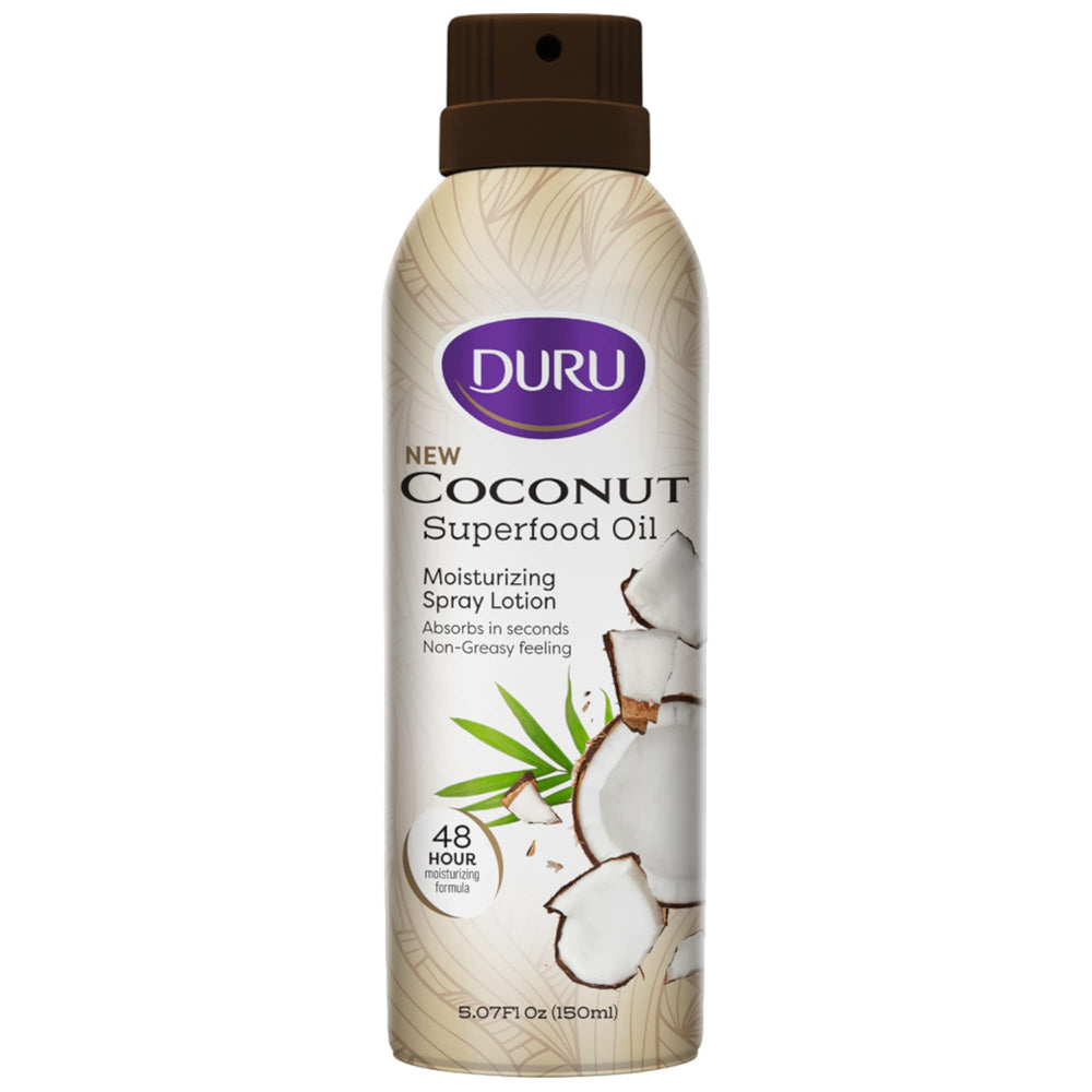Duru coconut moisturizing spray lotion bottle for fast, non-greasy hydration.