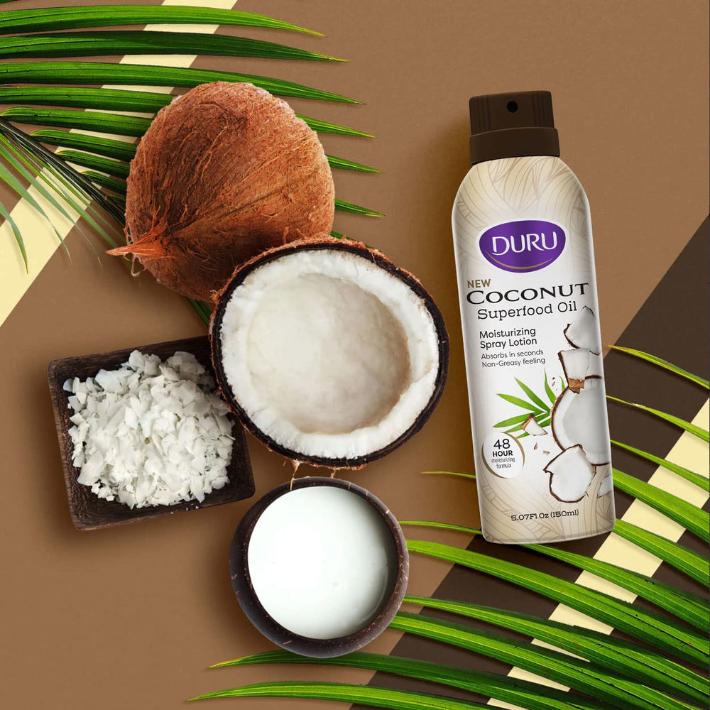 Duru spray-on lotion hands-free application for easy coverage.