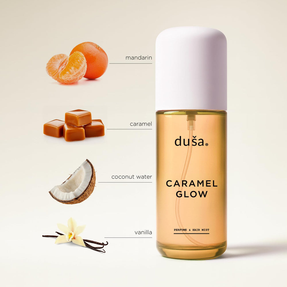 DUSA Caramel Glow bottle back highlights nourishing formula for silky hair shine.