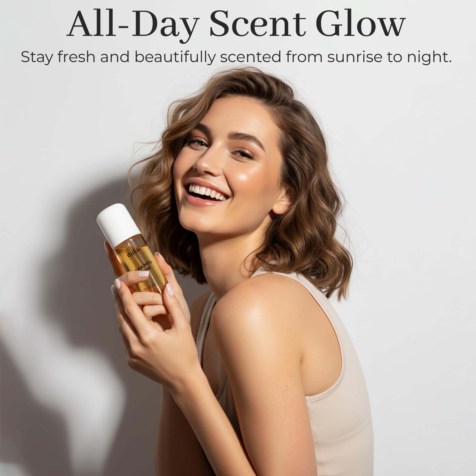 DUSA Caramel Glow applied on hair adding subtle fragrance and shine.
