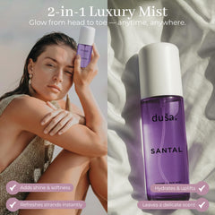 DUSA Santal bottle on vanity showcases elegant packaging for everyday luxury.