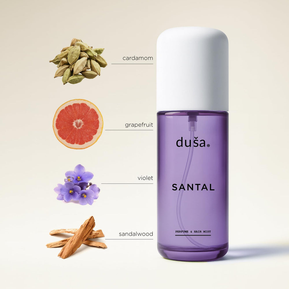 DUSA Santal hair mist spray on hair delivers all-day freshness and subtle scent.