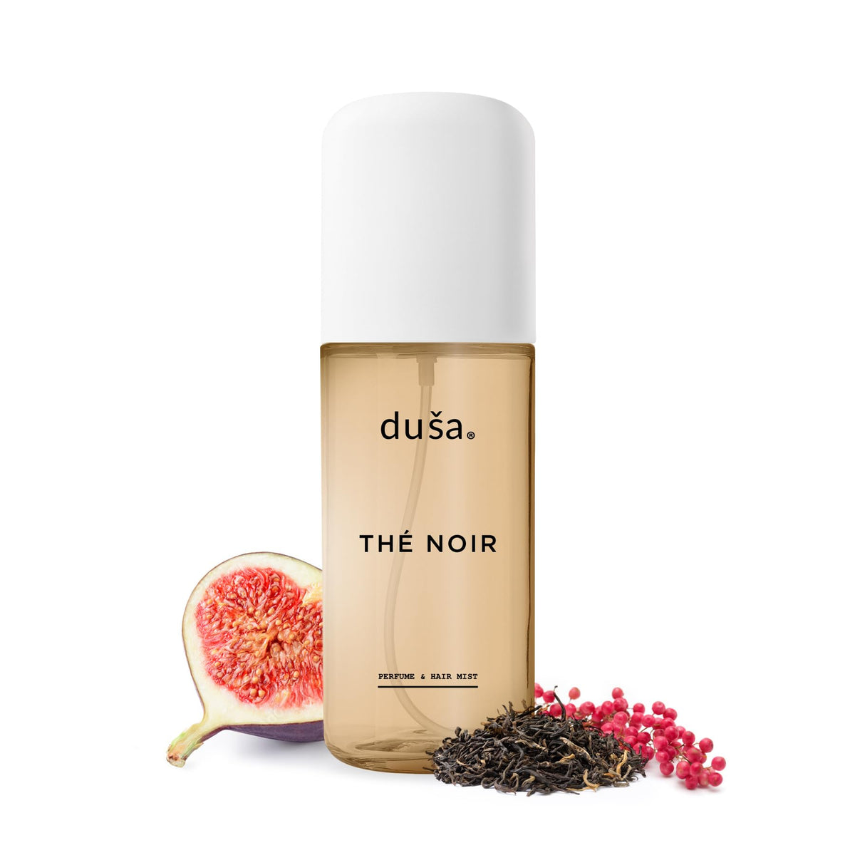 DUSA Thé Noir hair perfume bottle with rich tea notes and elegant glow.