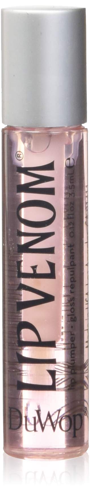DuWop Lip Venom pink 2-pack bottle showing glossy, plump-ready lips.