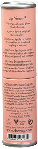 DuWop Lip Venom pink gloss swatch on lips highlighting natural plump effect.