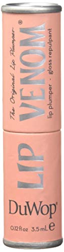 DuWop Lip Venom pink gloss swatch highlighting rosy color and shine.