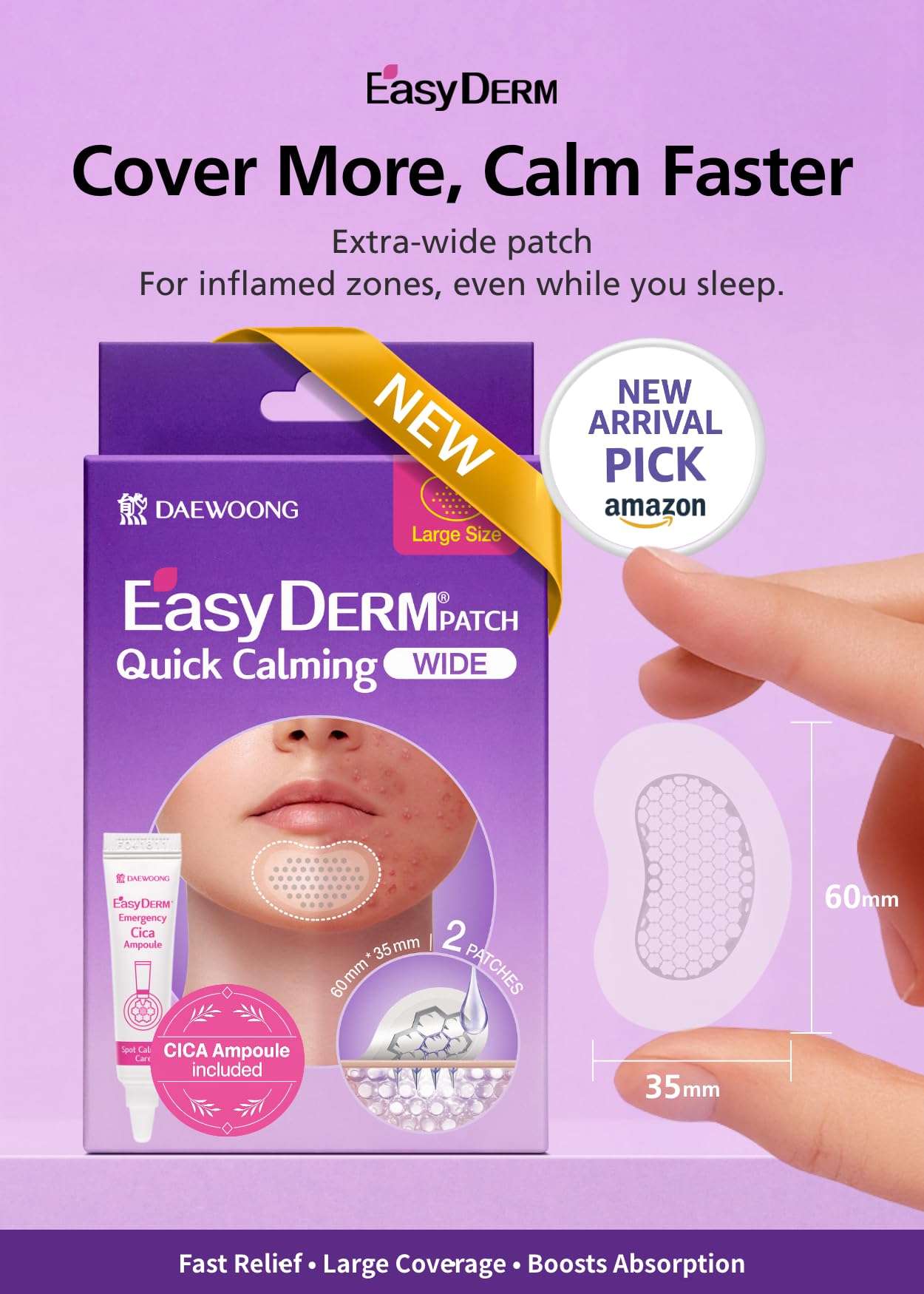 DWEasyDerm patch on skin shows large coverage for tough acne areas.