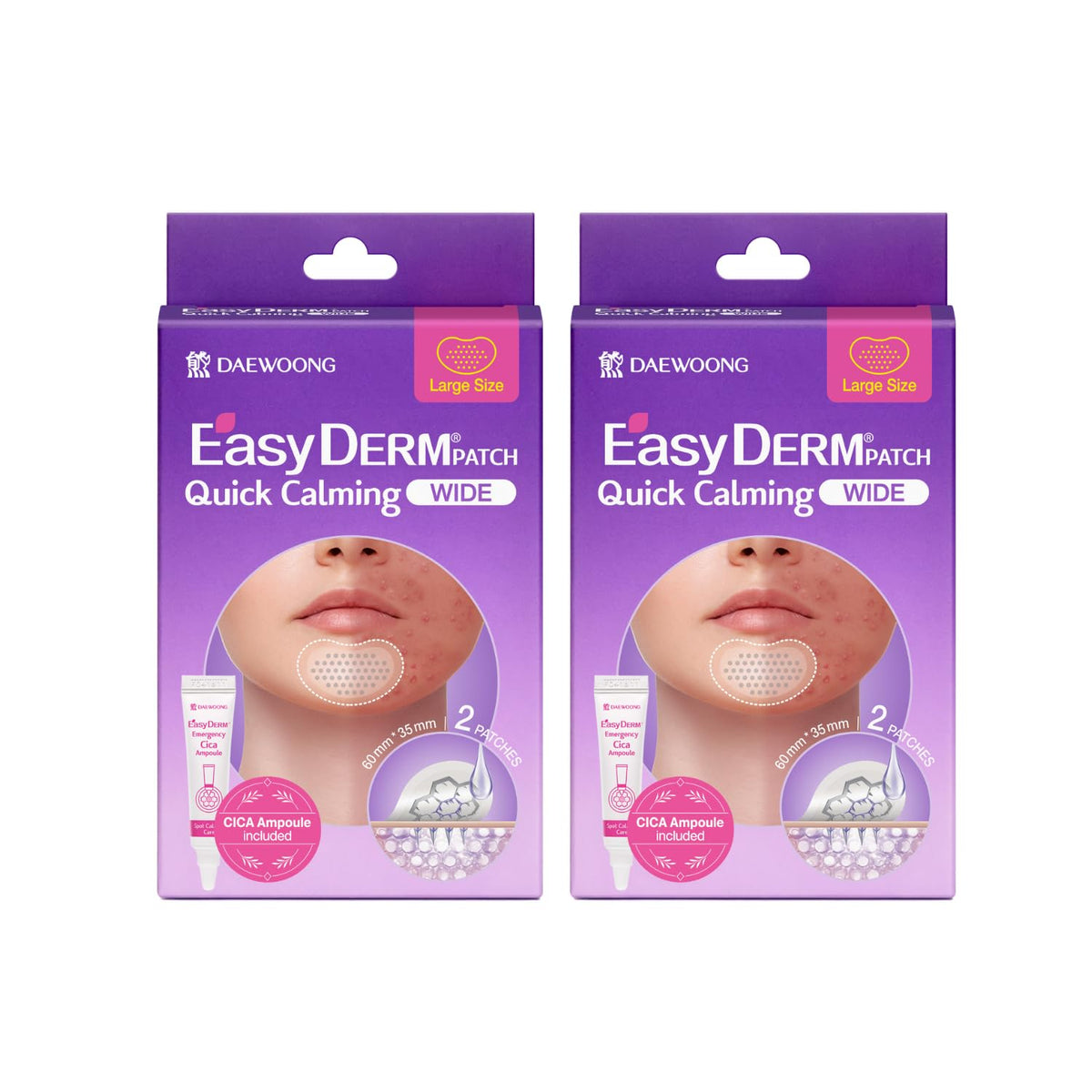 DWEasyDerm EasyDerm patches packaging highlights waterproof, soothing XL hydrocolloid solution.