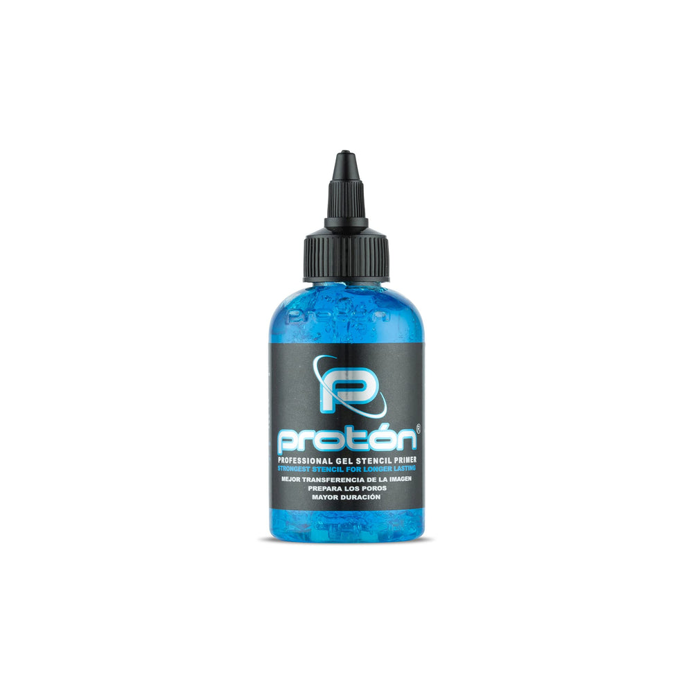 Dynamic Color Co Proton Stencil Primer Gel in blue bottle enhances stencil visibility and adhesion.